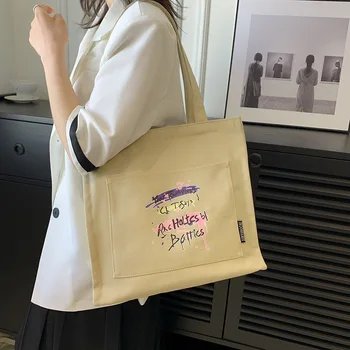 Чанта за рамо Сгъстяване платно студент дамски чанта пазаруване голям капацитет писмо печат мода All-мач гореща продажба чанти за съхранение