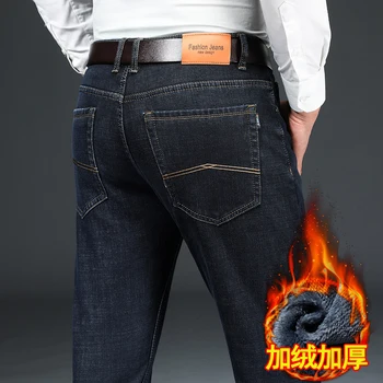 2023 Плюшени вълнени дънки Мъжки зимни топли сгъстени термични панталони 28-42 Прави Stretch Streetwear Ежедневни ежедневни панталони за мъже