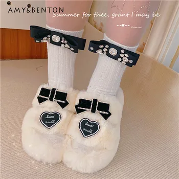 Y2K Kawaii чорапи Harajuku стил лък диамантени чорапи есен и зима дебел бял всички мач тънък плетени чорапи сладък чорапи жени