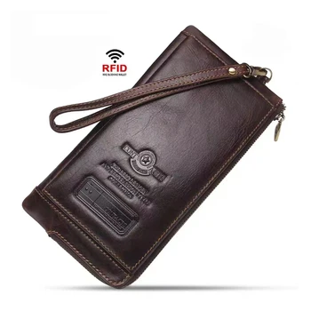 Естествена кожа Мъжки портфейл RFID блокиране съединител портфейли монета чанта мъжки притежател на кредитна карта дълга чанта цип гривна чанта крава