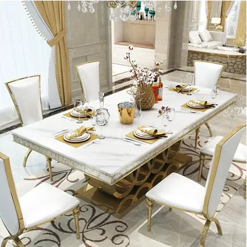 Пост-модерен мрамор най-висок клас маса за хранене и столове комбинация от неръждаема стомана Топ корона апартамент златна резбовани мебели
