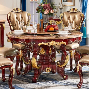 Европейска мраморна кръгла маса, маса за хранене и столове от масивно дърво, червен сандалово дърво размер съвпадение маса за хранене