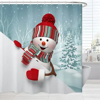 Весела Коледа душ завеса плат сладък снежен човек снежна гора печат Коледа зимна баня водоустойчив полиестерен екран с кука