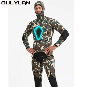 Oulylan Hooded 2 броя Водолазен костюм за мъже Поддържайте топъл мокър костюм 5mm неопренов камуфлажен костюм с дълъг ръкав делене
