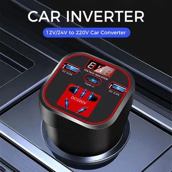  Инвертор за мощност на автомобила 24V 12V 220v 200W Led дисплей Изходна мощност на автомобила Инверторна зарядна чаша Висока инверторна Type-C монтирана мощност