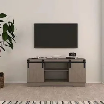 Voohek Рустик Дървена стойка за телевизор с шкафове и рафтове за домашна дневна, сива