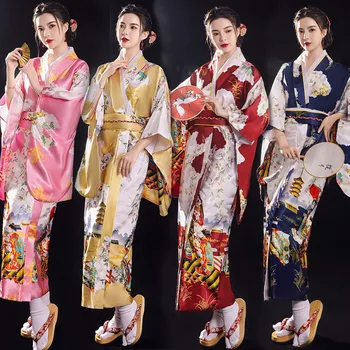 8 цвят жени японски стил кимоно юката сън износване паун сатен тънък дълъг нощник халати традиционни възрастни хлабав облекло