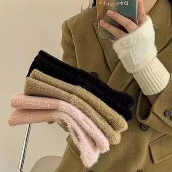 Норка руно меки зимни половин пръст ръкавици за жени топло луксозни твърди бели плюшени плетени ръкавици без пръсти 2024 ръкавици