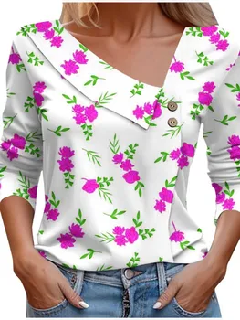 Блуза с цветен принтT риза Дамска мода наклонена яка есен дълъг ръкав офис женски дрехи ежедневни ежедневни основни тениски
