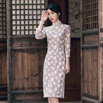 2021 Есен елегантен лилав печат цвете тънък китайски традиционен Cheongsam Дамски ретро бутон Подобрена рокля Qipao рокля парти рокля