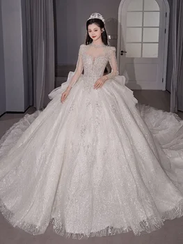 Дълъг ръкав 2023 Зимна реколта изящна сватбена рокля дантела апликации Мъниста принцеса топка рокля плюс размер Вестидо де Нойва