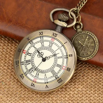 Бронзови реколта джобни часовници Capless кварцов висулка часовници римски цифри двойна часова зона набиране джобен часовник глоба верига с етикет