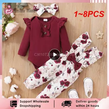 1 ~ 8PCS Prowow бебешки дрехи облекло комплекти дълъг ръкав червени ританки + флорални гащеризони панталони + лента за глава новородено бебе раждане комплекти за
