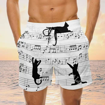 Музикална мода Котка Пиано Нота Китара Персонал Плува 3D печат шорти Летни плажни ваканционни шорти Мъжки плувни спортове Половин панталон-4