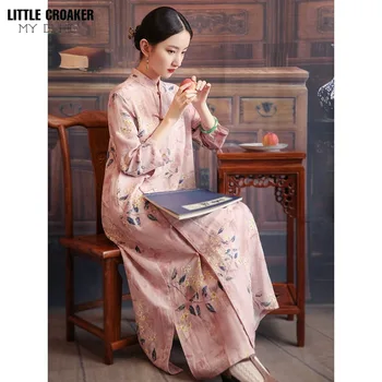 Qipao външна търговия жените лято елегантен китайски стил подобрена наклонена предна печатни памук бельо Cheongsam дълъг чай костюм
