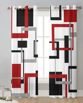 Абстрактно Геометрични квадрати Изкуство Черно Червен тюл Завеси Всекидневна Отвесни завеси Кухненски завеси Модерна спалня Voile завеса
