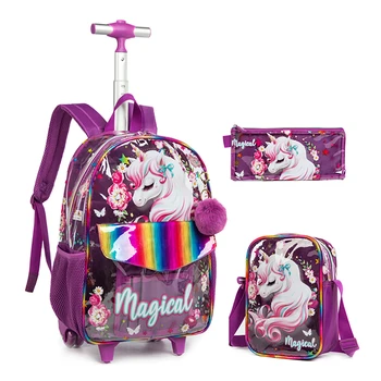 Училищна чанта за количка за момичета Чанта за училищна количка за деца с чанта за обяд Подвижни чанти за раници Детска училищна колесна раница чанта