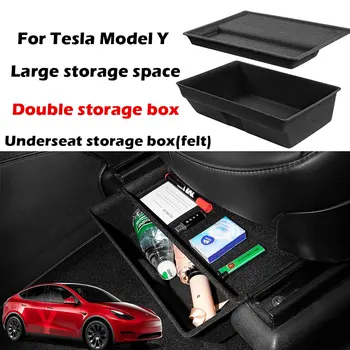 За Tesla Model Y Под кутия за съхранение на седалки, съвместима за Tesla Model Y за шофьорска седалка Двуслойна кутия за съхранение