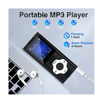 MP3 музикален плейър с Bluetooth 5.0,Портативен HiFi музикален плейър / видео / фото визуализатор / E-Book плейър за деца (черен)