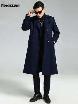 Nerazzurri Есен Зима Дълъг елегантен луксозен шик тъмно синьо топло вълнено палто за мъже Двуредна вълна & смеси Шинел 2023