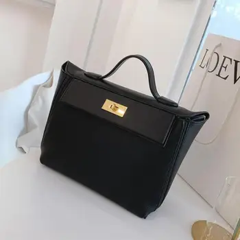Дамски чанти 2024 Луксозни дизайнерски чанти Висококачествена метална ключалка кожена чанта за рамо Плътен цвят Женски Tote Shopper Дамска чанта