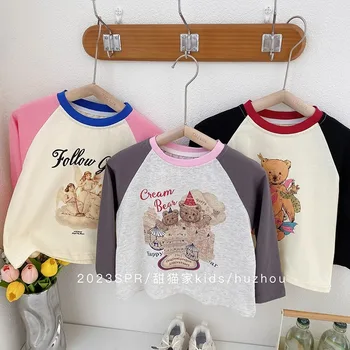 2023 Пролет Есен Корейски деца момичета риза пачуърк памук отпечатани карикатура върховете хлабав пуловер отдолу деца момичета риза