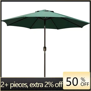 9' Външен вътрешен двор чадър чадър Protractor пазар раиран чадър с натискане на бутон наклон и манивела (тъмно зелено) Freight Free