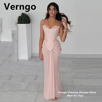 Verngo Руж Розов шифон вечерна рокля дантела апликация русалка парти рокля секси без презрамки официална рокля дантела нагоре абитуриентски рокли