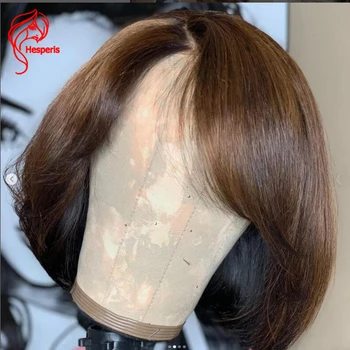Hesperis Маркирайте дантелени предни перуки Човешка коса бразилски Remy Short Bob Cut перука с бретон 13x4 дантела фронтална човешка коса перуки