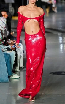 Луксозни пайети Червена абитуриентска рокля Официална секси куха без гръб пълен ръкав Дълга макси парти вечерна рокля лъскава блестяща блестяща халати в наличност