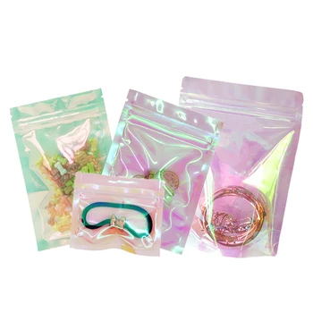 Reclosable Pink Blue Clear Holographic Laser Iridescent Zip Lock Bag Бижута Снек Грим Козметика Подарък Пластмасови торбички за съхранение