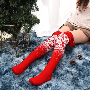 Жени момичета бедрото високи чорапи сладък коледен лос печат над коляното чорапи есен зима топло плета дълги чорапи Коледа подарък