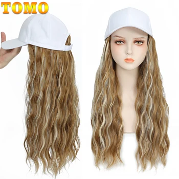 TOMO синтетична дълга вълна бейзболна шапка с коса синтетичен кафяв черен блондинка вълнообразни жени перука шапки с коса къдрава разширения