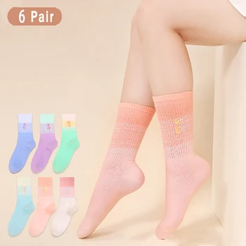 6 чифта Дамски спортни чорапи в средата на цевта градиент цвят в улични приливи и отливи купчина чорапи, ботуши чорапи, антибактериални чорапи (САЩ Размер: 5-9.5)