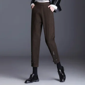 офис дама мода вълна цип молив панталони есен зима корейски жени тънък сгъсти универсален ластик твърди топли панталони