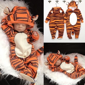 Новородено бебе гащеризон момче момиче тигър гащеризон есенни качулки гащеризон Playsuit карикатура babygrows костюм костюми 0-18M бърза доставка