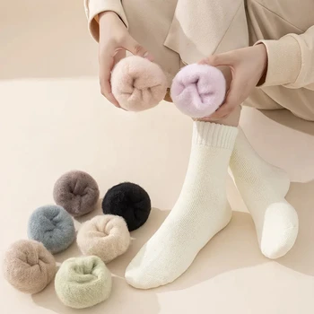 3 чифта дамски чорапи вълна есен зима топъл сняг маркер цвят дебел плюшени космати меки следродилни чорапи етаж сън чорапи