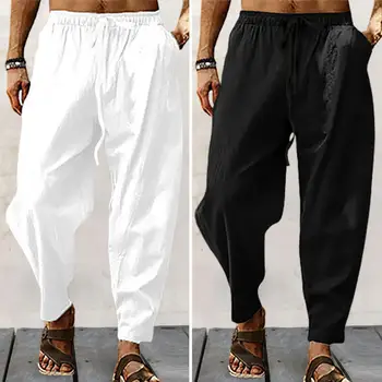 Корейски летни мъжки ленени панталони нови дишащи плътен цвят удобни панталони фитнес йога джогинг Sweatpants Улично облекло