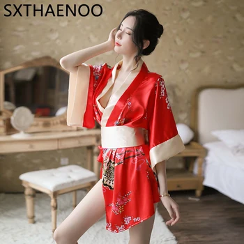 SXTHAENOO Кимоно рокля за жени жилетка секси цветен печат Obi спално облекло традиционна роба реколта съблазнителни червени пижами дрехи