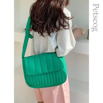 Мода меко пространство памук рамо чанта жени ивица дизайнер луксозни ватирани crossbody чанти сладък чанти плътен цвят