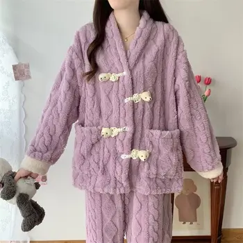 Супер плюс размер пижами зимни жени руно облицовани удебелени v-образно деколте спално облекло комплекти женски корали кадифе топло мечка домашно облекло костюм