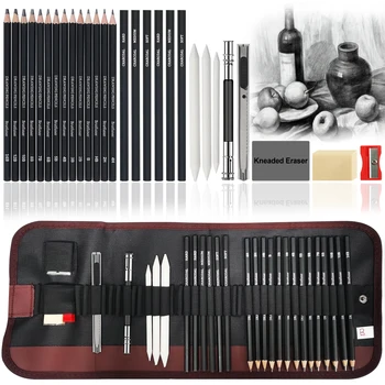  29Pcs комплект за рисуване скициране моливи комплект, преносими писалка завеса-дървени въглища моливи, скица моливи, въглен стик, острилка, гума