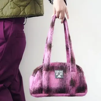 Жените реколта пухкав розов рамо чанта дизайнер Y2k боулинг чанта ретро карирана писмо Бостън чанти голям капацитет корейска мода