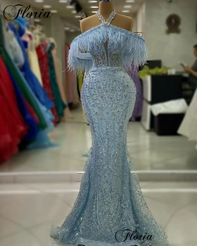 Blue Halter Sequined Celebrity Dresses For Women 2023 Кристали Русалка Червен килим Модни рокли Coutures Vestidos Para Mujer