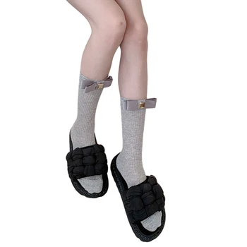 Жени корейски метален етикет Bowknot памук над прасеца чорапи оребрени плетени райета разтеглив принцеса средата тръба чорапи