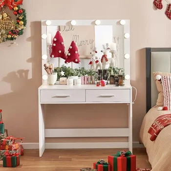 Vanity Desk с голямо осветено огледало за Коледа, грим суета с 10 светлини, 2 чекмеджета & Power Strip, комплект за бюро Vanity