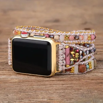Bohemian Watch Band Women Men Boho гривна каишка за Apple Watch Ретро смесени естествени камъни бижута Multi Wrap тъкани гривна