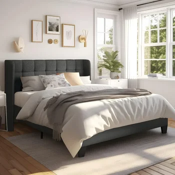 Рамка за легло с голяма платформа, тапицирана с плат, табла с квадратни шевове и дървени ламели, опции за кутия, тъмно сиво