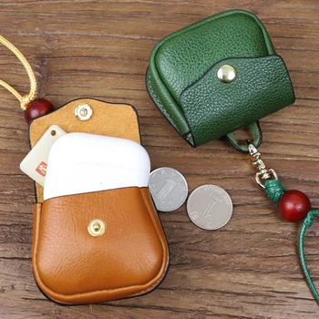 Преносима естествена кожа монета чанта реколта слушалки притежателя торбичка за жени мъже мини портфейл с ремък