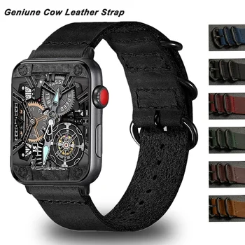 Реколта кожена каишка за Apple Watch Ultra 2 49mm 45mm 41 44mm 42mm естествена кожа лента за Iwatch 9 8 7 6 SE 5 4 3 40 38mm